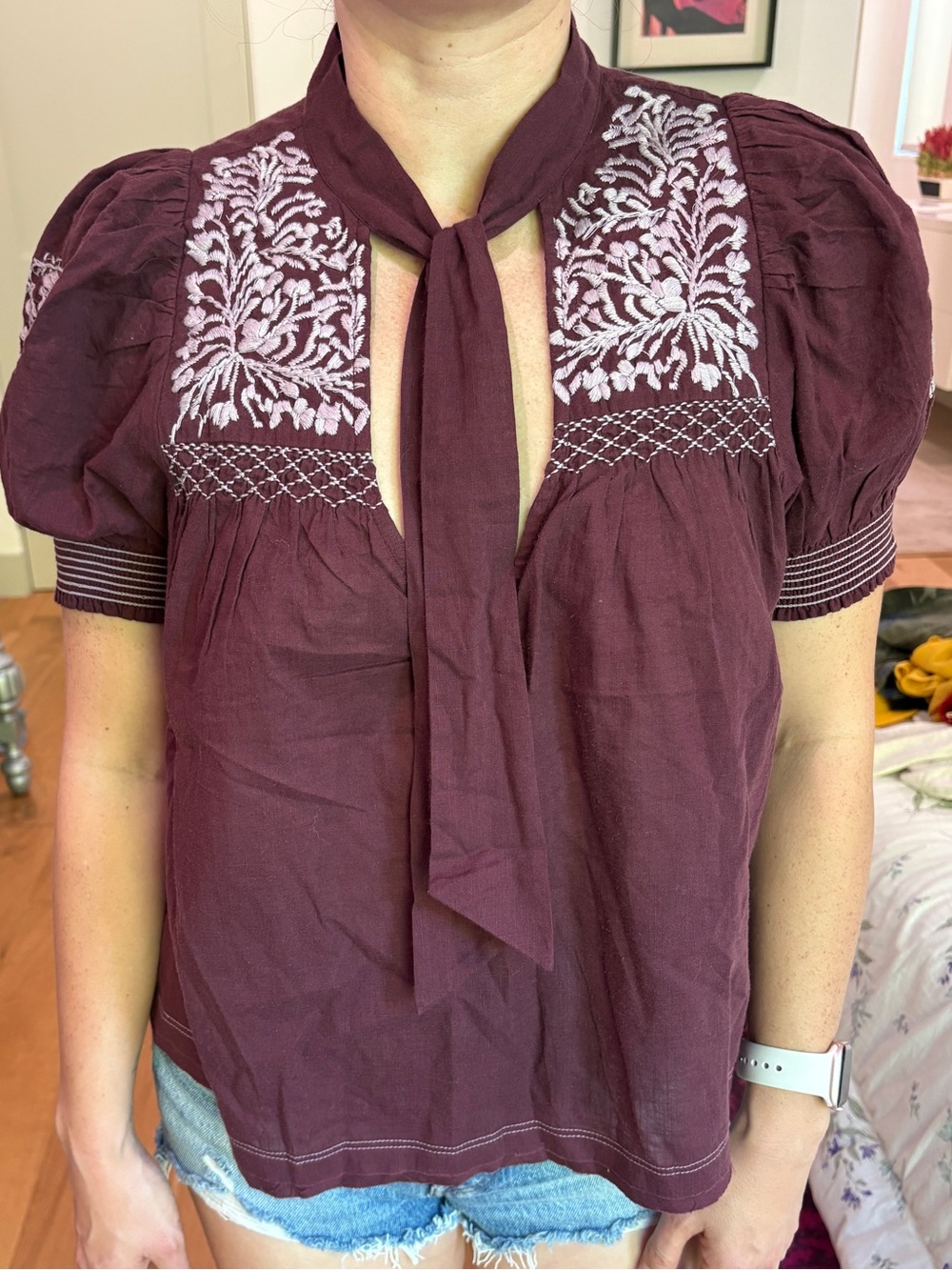 Free People Burgundy Embroidered Tie-Neck Blouse
